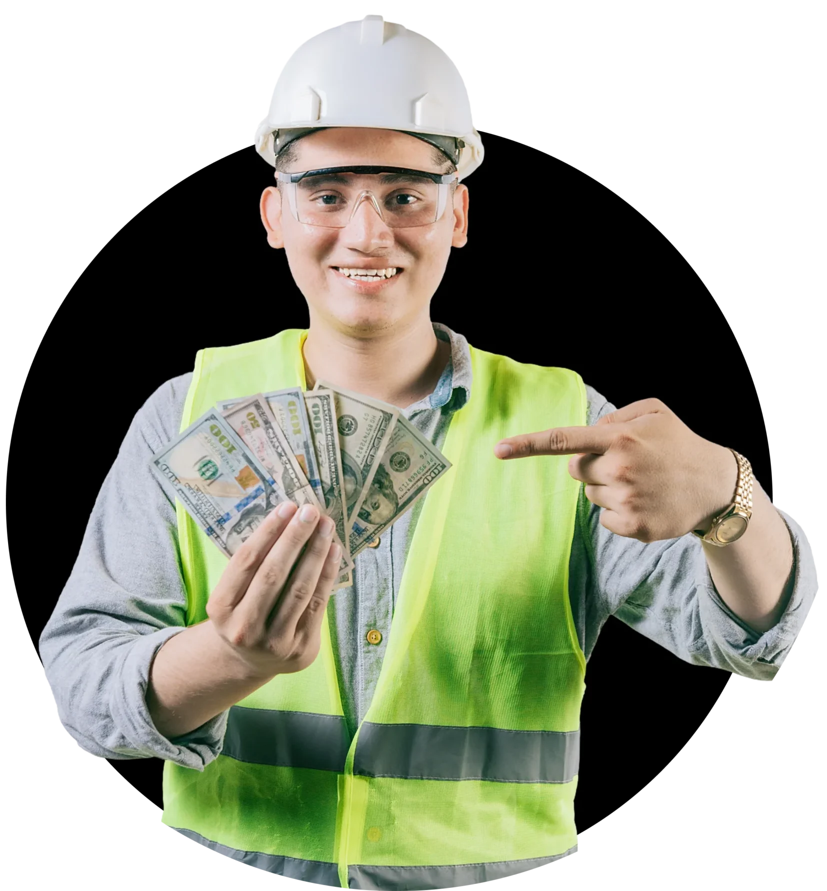 Construction worker holding US dollar bills.